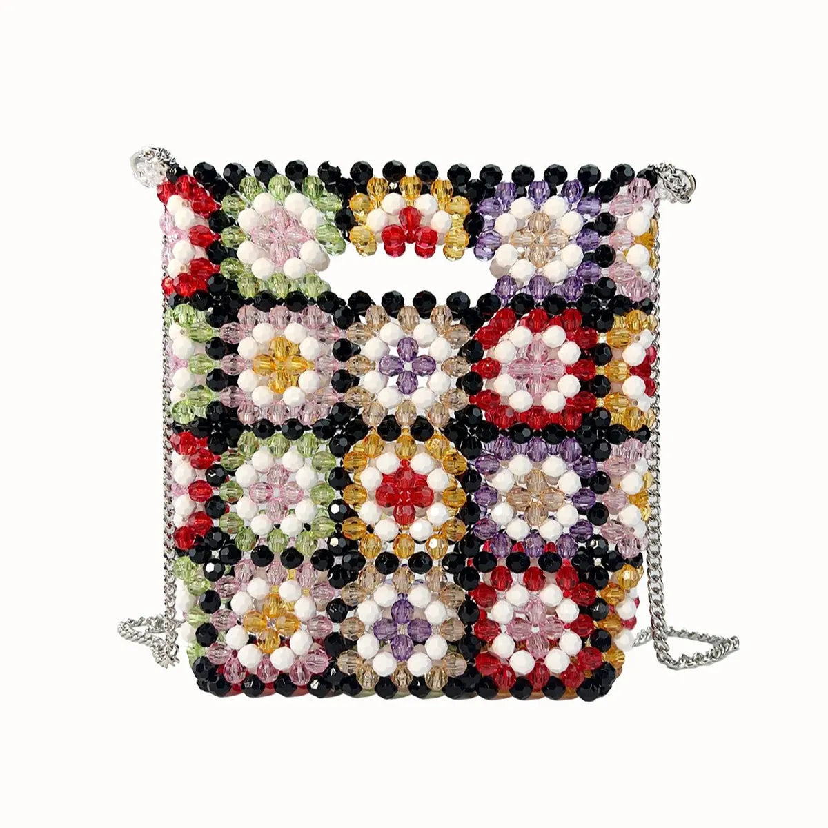 Floral Beaded Handbag — Granny Square Beadwork, Removable Chain