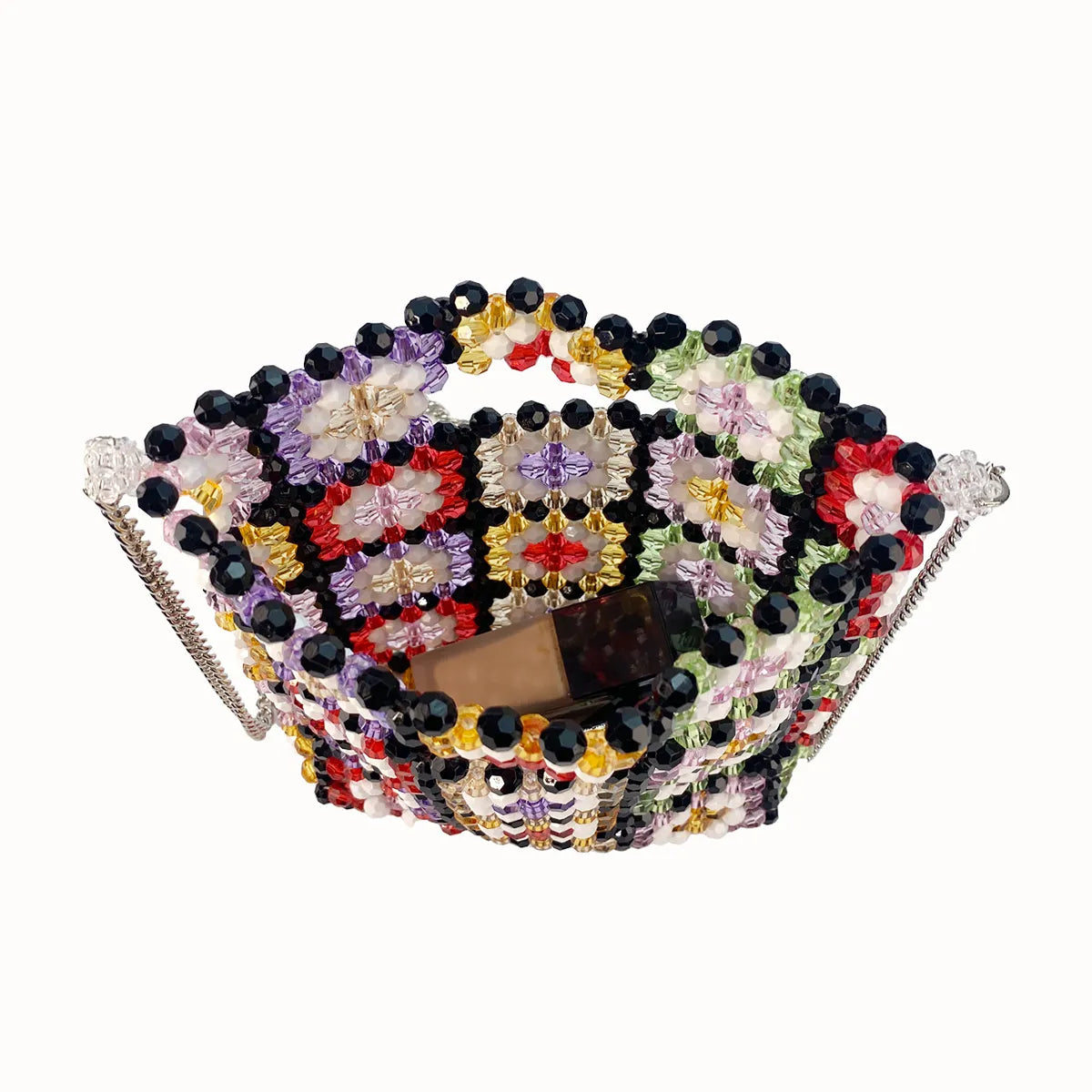 Floral Beaded Handbag — Granny Square Beadwork, Removable Chain