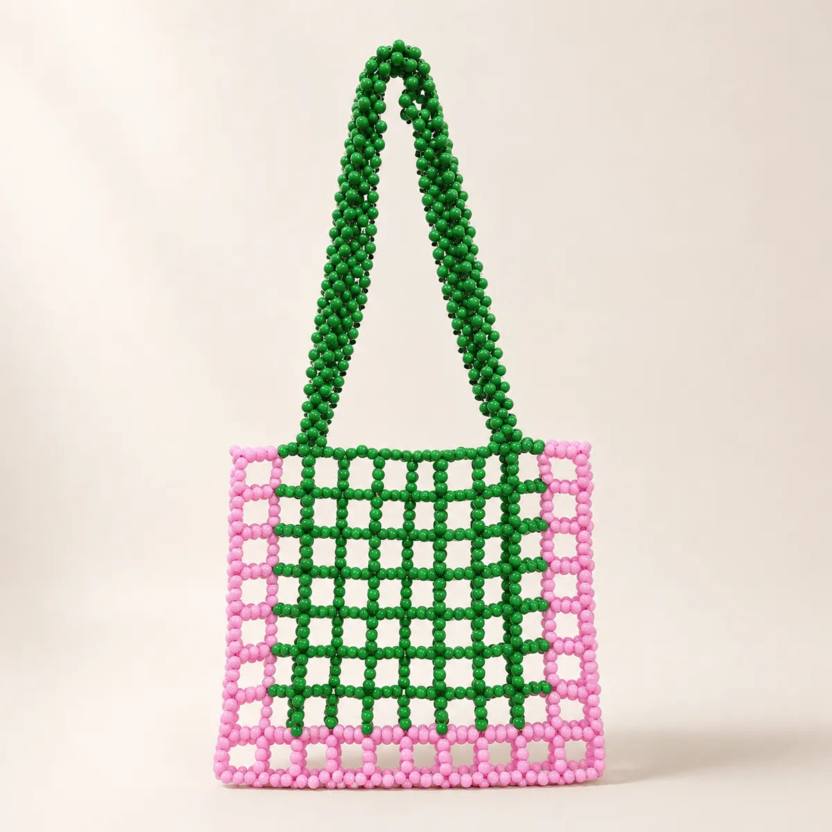 Pink and Green Beaded Tote Bag — Retro Grid, Handmade