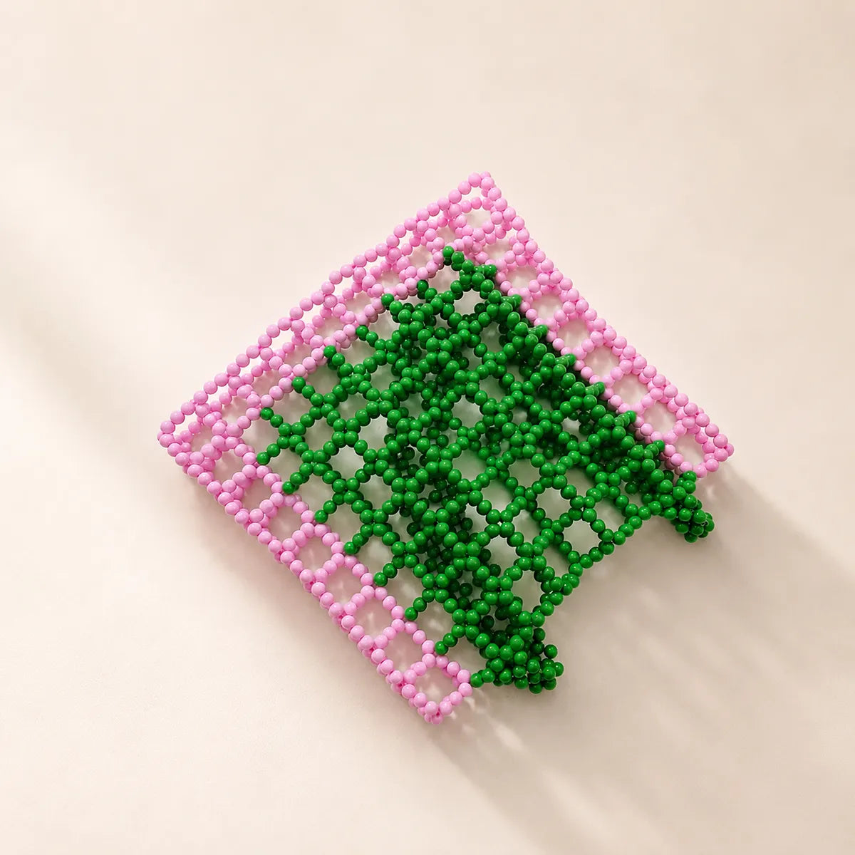 Pink and Green Beaded Tote Bag — Retro Grid, Handmade