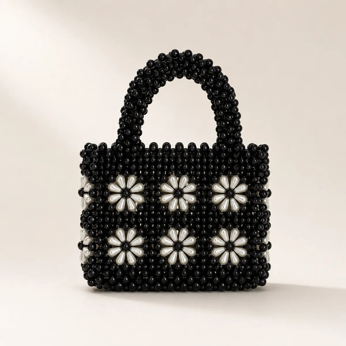 Small Pearl Beaded Handbag — Black Daisy Mini, Handmade