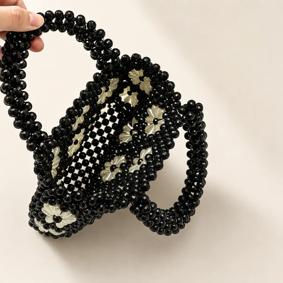 Small Pearl Beaded Handbag — Black Daisy Mini, Handmade