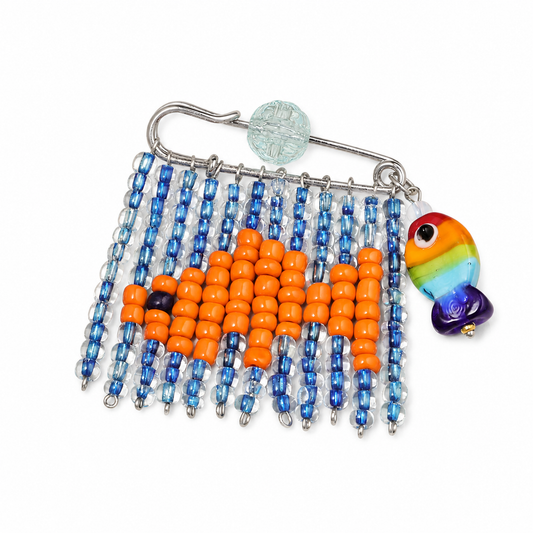 Handmade Glass Seed-Bead Fish Brooch - Beaded Safety-Pin Fish Pin for Jackets, Totes & Hats