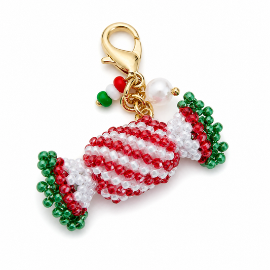 Handmade Glass Seed-Bead Wrapped Candy Bag Charm - Beaded Wrapped Candy Keychain for Bags & Keys