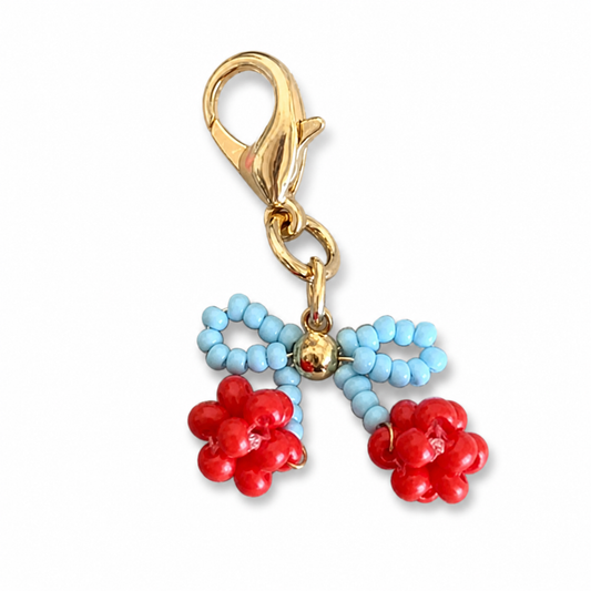 Handmade Glass Seed-Bead Cherry & Bow Bag Charm - Beaded Cherry & Bow Keychain for Bags & Keys