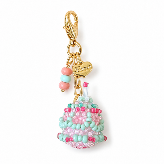 Handmade Glass Seed-Bead Birthday Cake Bag Charm - Beaded Birthday Cake Keychain for Bags & Keys