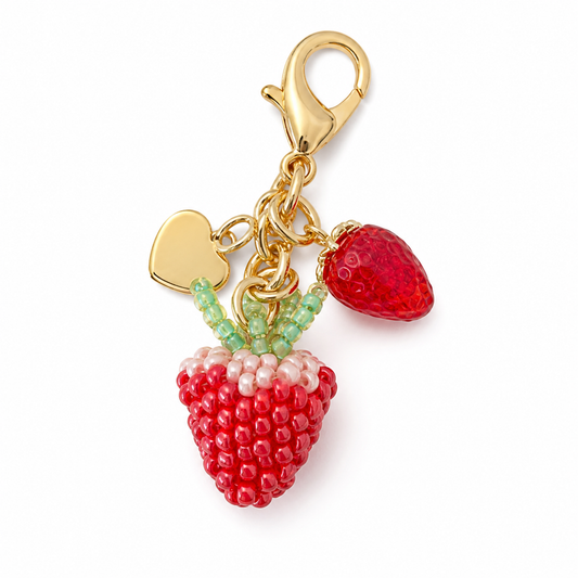 Handmade Glass Seed-Bead Strawberry Bag Charm - Beaded Strawberry Keychain for Bags & Keys