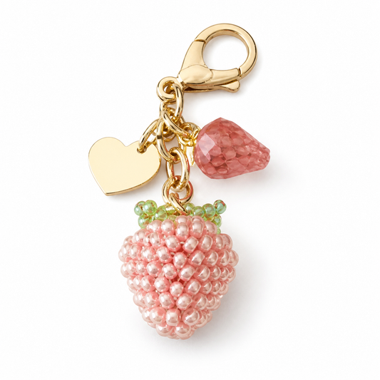 Handmade Glass Seed-Bead Strawberry Bag Charm - Beaded Strawberry Keychain for Bags & Keys