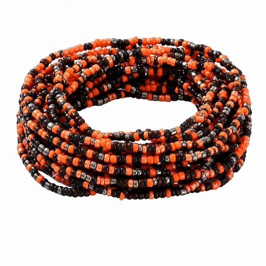 Boho Seed Bead Bracelet Set of 19, Orange Brown Silver Beaded Stretch Stack, Fall Layering Bracelets, Autumn Halloween Arm Candy Bundle