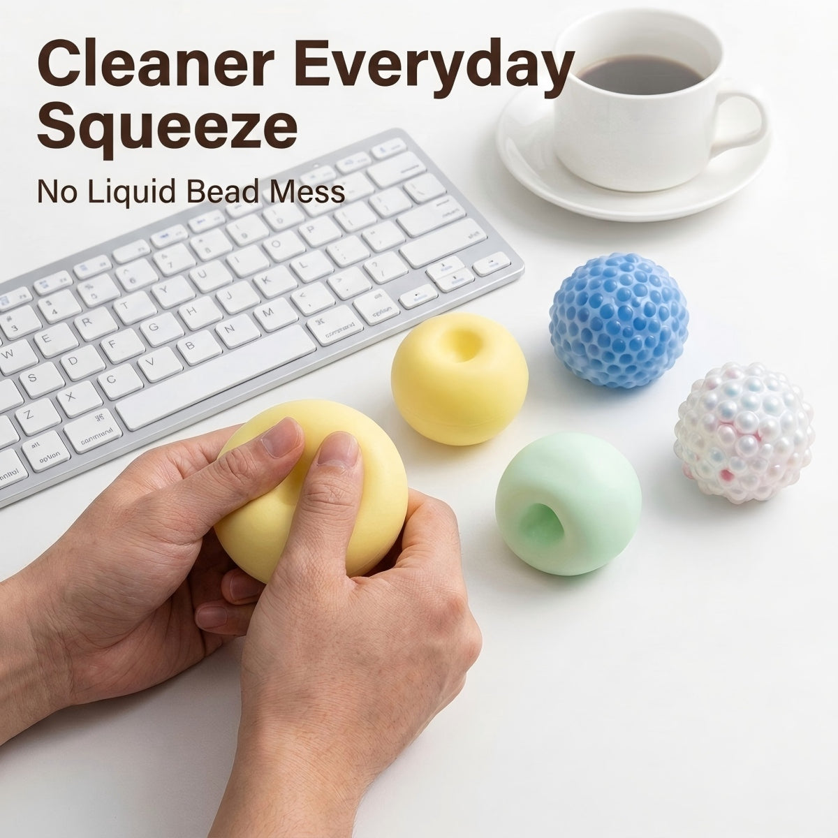 Textured squishy stress balls on a clean desk with keyboard and coffee, designed for everyday squeezing without liquid bead mess