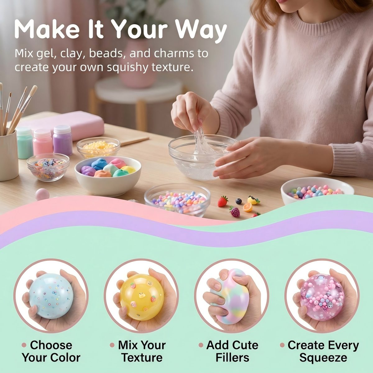 Woman mixing gel, clay, beads, and charms to create a custom squishy texture with a DIY stress ball making kit