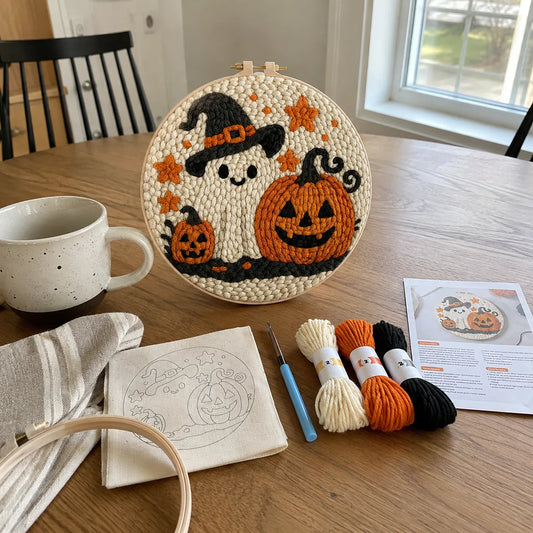 Halloween Ghost Punch Needle Embroidery Kit for Beginners - DIY Witch-Hat Ghost & Pumpkins Hoop Wall Art, Cozy Fall Craft Gift