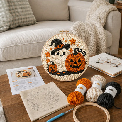 Halloween Ghost Punch Needle Embroidery Kit for Beginners - DIY Witch-Hat Ghost & Pumpkins Hoop Wall Art, Cozy Fall Craft Gift