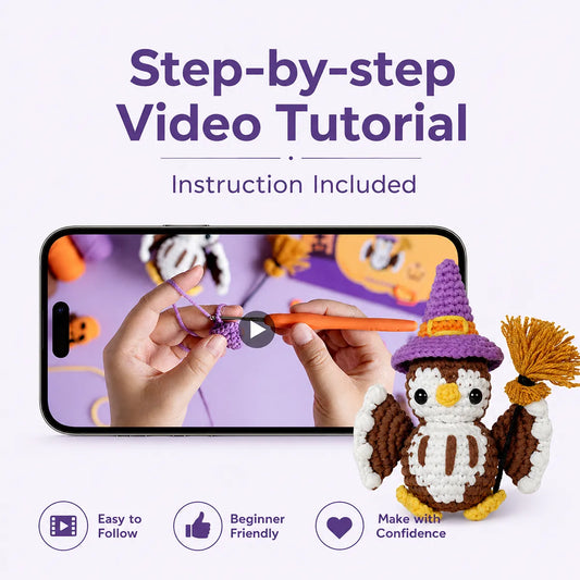 Halloween Owl Crochet Kit for Beginners - Amigurumi Witch Owl with Broom & Pumpkin, Video Tutorial, All Materials, Spooky-Cute Gift