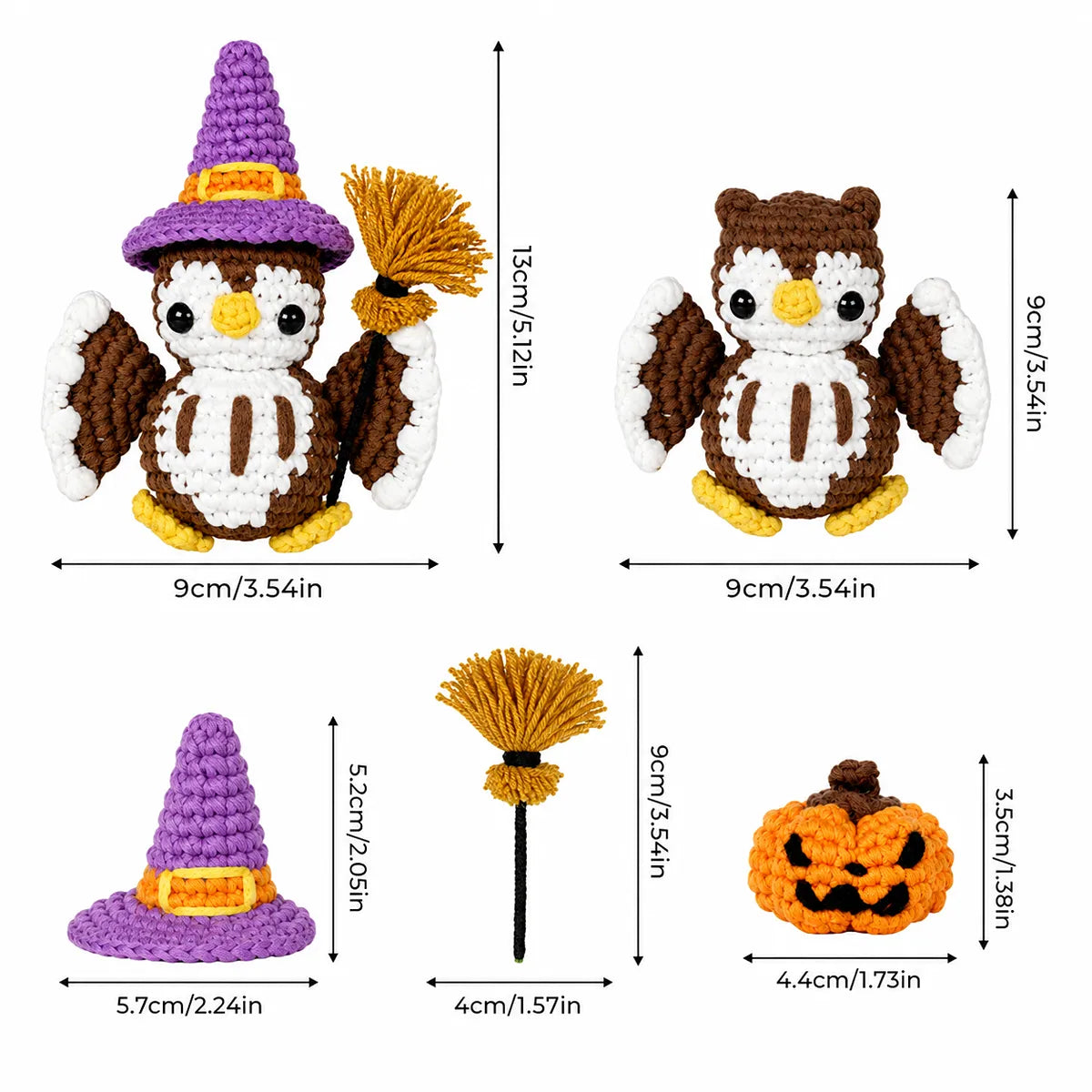 Halloween Owl Crochet Kit for Beginners - Amigurumi Witch Owl with Broom & Pumpkin, Video Tutorial, All Materials, Spooky-Cute Gift