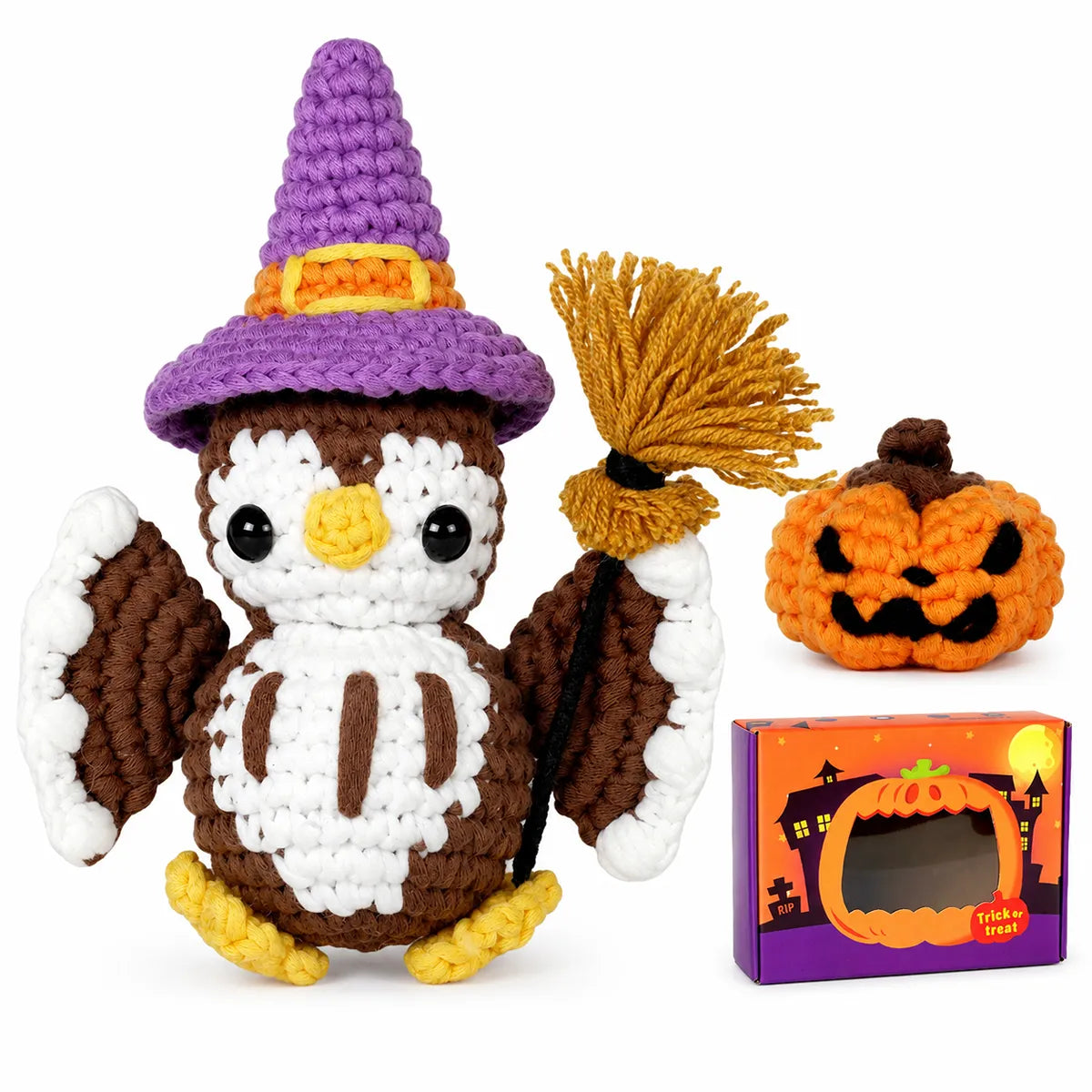 Halloween Owl Crochet Kit for Beginners - Amigurumi Witch Owl with Broom & Pumpkin, Video Tutorial, All Materials, Spooky-Cute Gift
