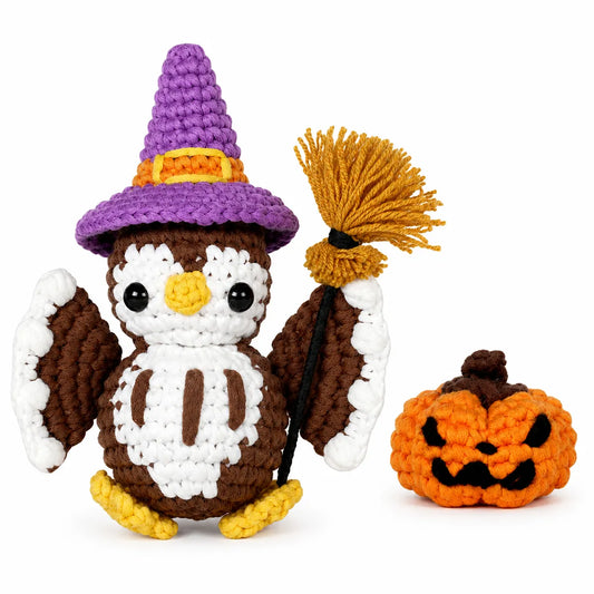 Halloween Owl Crochet Kit for Beginners - Amigurumi Witch Owl with Broom & Pumpkin, Video Tutorial, All Materials, Spooky-Cute Gift