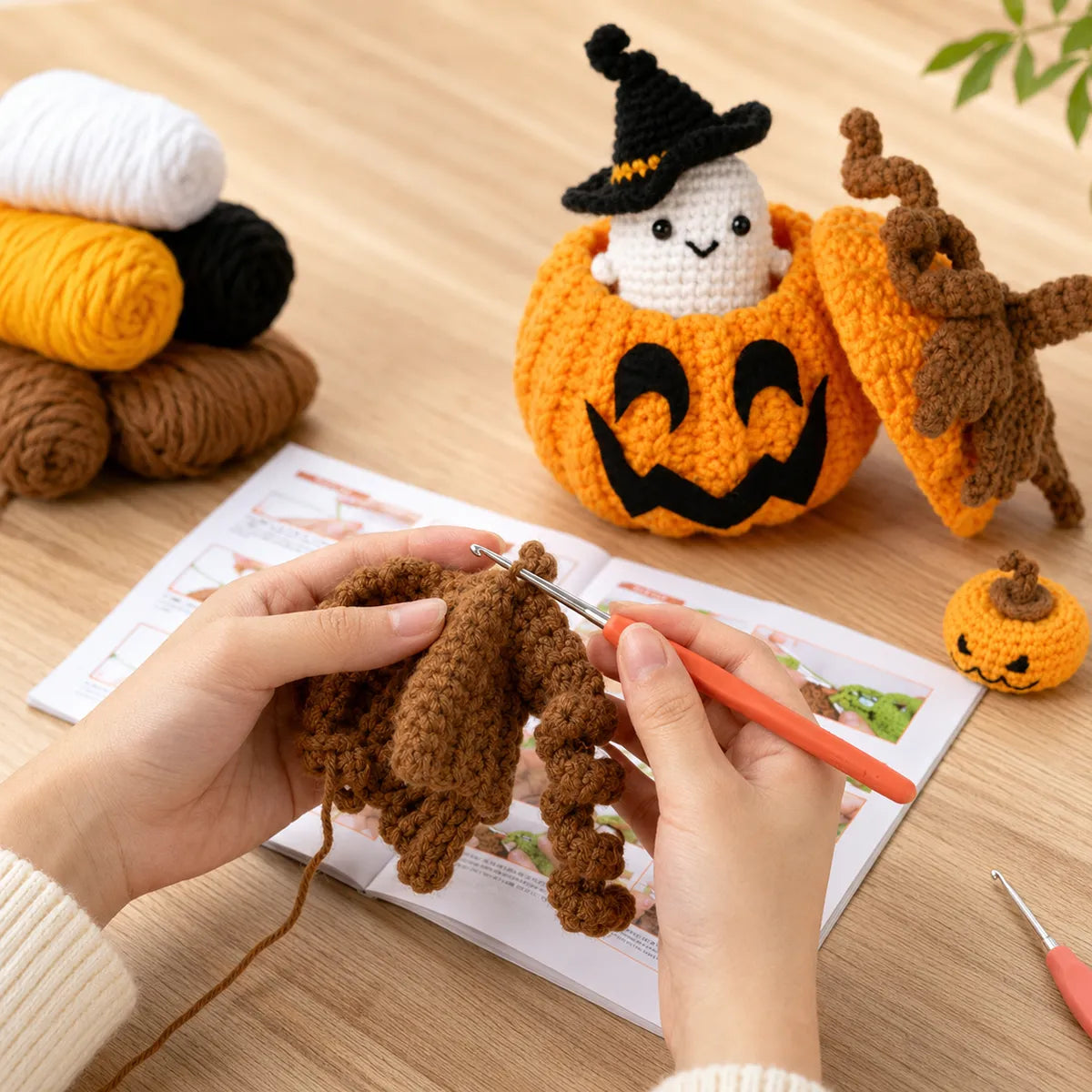 Halloween Ghost & Pumpkin Crochet Kit for Beginners - Amigurumi Ghost Hiding in a Jack-o'-Lantern, Lift-the-Lid Surprise, DIY Gift