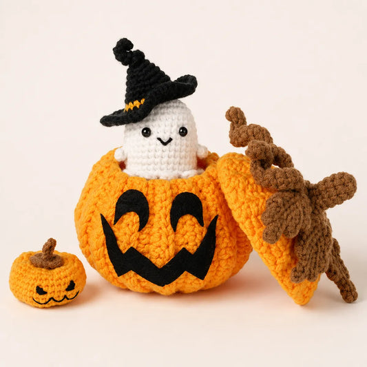 Halloween Ghost & Pumpkin Crochet Kit for Beginners - Amigurumi Ghost Hiding in a Jack-o'-Lantern, Lift-the-Lid Surprise, DIY Gift