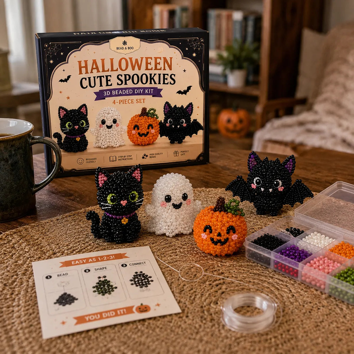 Halloween 3D Beaded DIY Kit - Cute Spookies or Skeleton Crew, 4-Piece Beginner Beading Set, Spooky Craft Gift