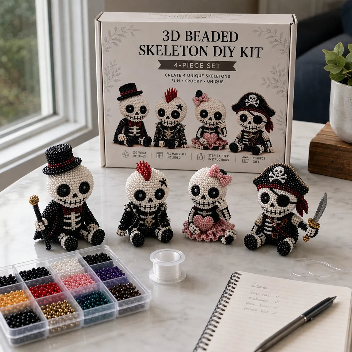 Halloween 3D Beaded DIY Kit - Cute Spookies or Skeleton Crew, 4-Piece Beginner Beading Set, Spooky Craft Gift