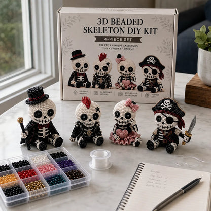Halloween 3D Beaded DIY Kit - Cute Spookies or Skeleton Crew, 4-Piece Beginner Beading Set, Spooky Craft Gift