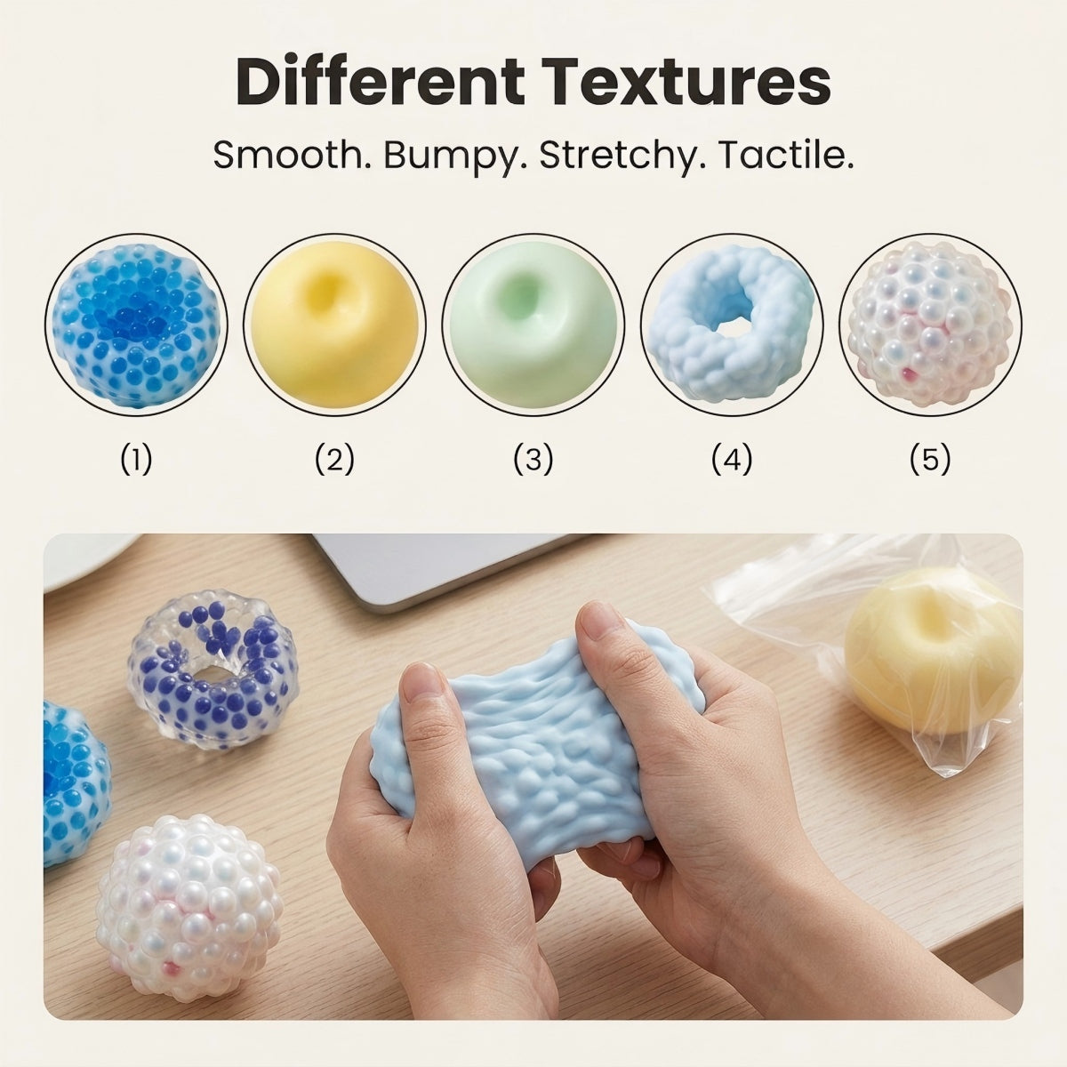 Different texture squishy stress balls with smooth, bumpy, stretchy, and tactile surfaces for a playful sensory squeeze