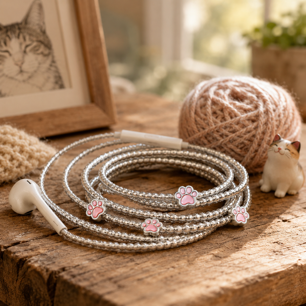 Paw Print Hand-Wrapped Wired Earphones — Cat Lover Charm Design