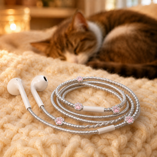 Paw Print Hand-Wrapped Wired Earphones — Cat Lover Charm Design