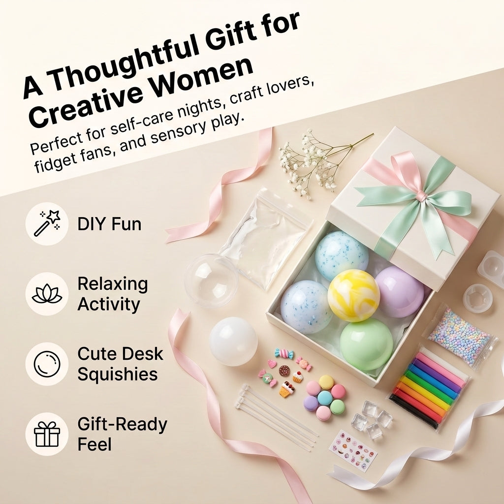 DIY stress ball making kit gift for creative women with gel, ball skins, clay, beads, charms, and finished cute desk squishies