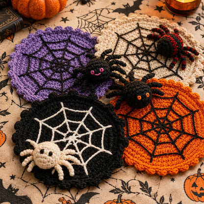 Spider Web Crochet Coaster with Spider — Handmade Halloween Mug Rug, Spooky Cute Table Decor