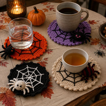 Spider Web Crochet Coaster with Spider — Handmade Halloween Mug Rug, Spooky Cute Table Decor