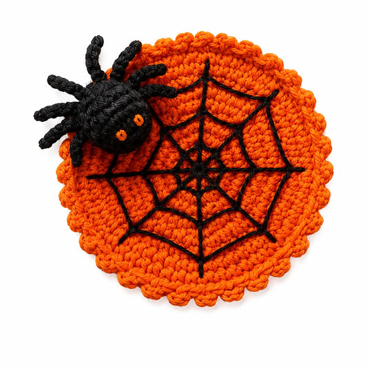 Spider Web Crochet Coaster with Spider — Handmade Halloween Mug Rug, Spooky Cute Table Decor