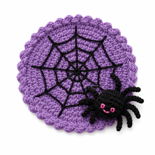 Spider Web Crochet Coaster with Spider — Handmade Halloween Mug Rug, Spooky Cute Table Decor