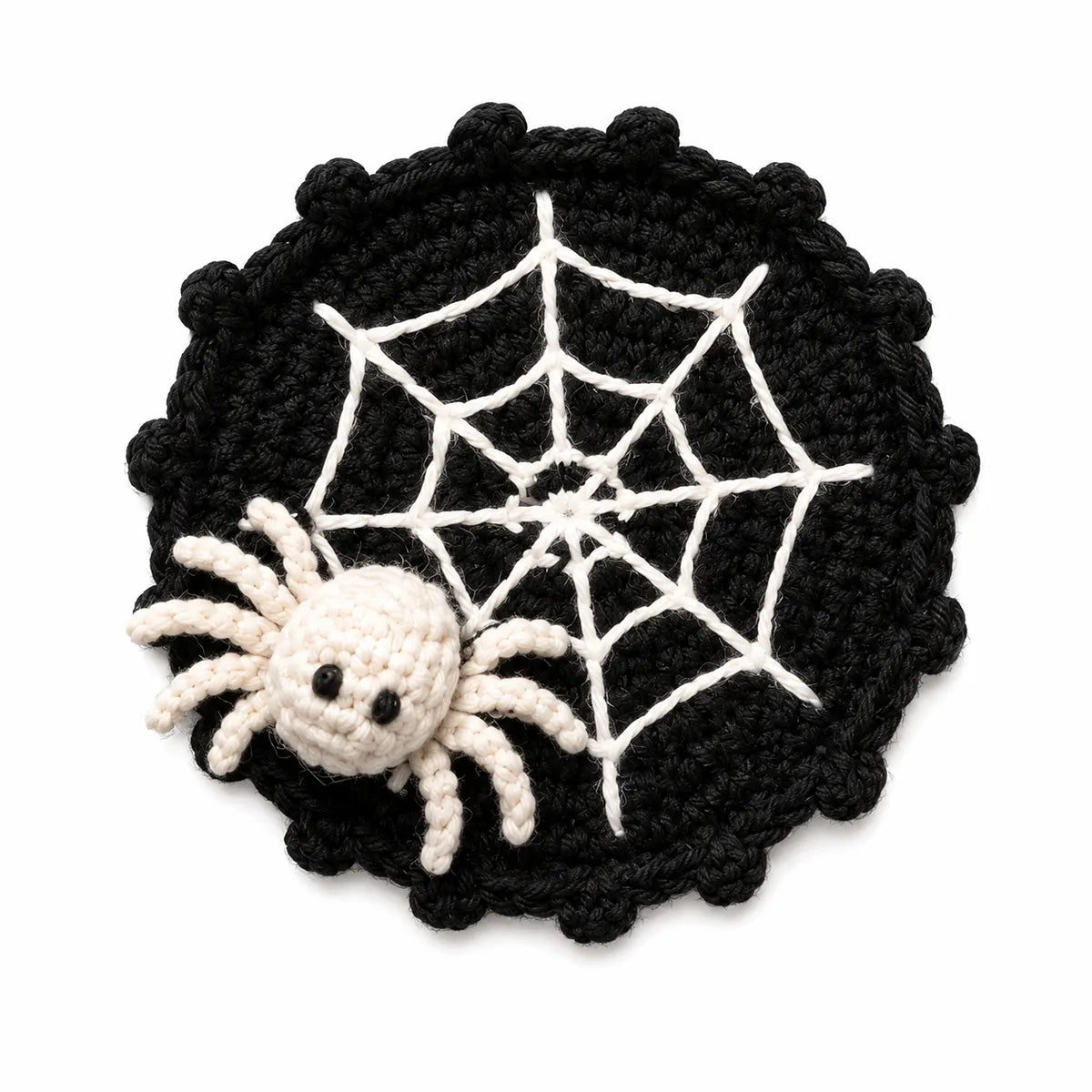 Spider Web Crochet Coaster with Spider — Handmade Halloween Mug Rug, Spooky Cute Table Decor