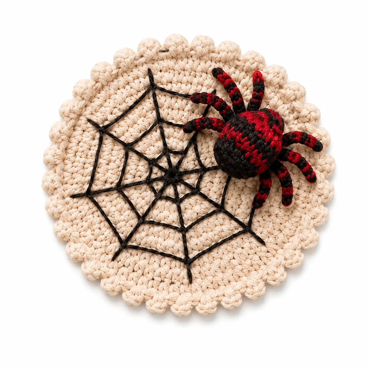 Spider Web Crochet Coaster with Spider — Handmade Halloween Mug Rug, Spooky Cute Table Decor