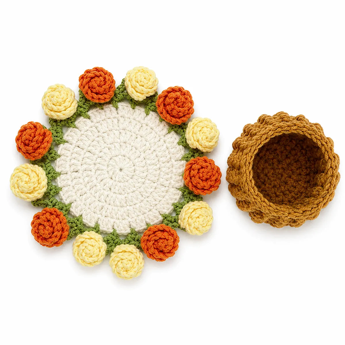 Crochet Marigold Coaster — Handmade Fall Flower Mug Rug That Folds Into a Bouquet, Autumn Decor