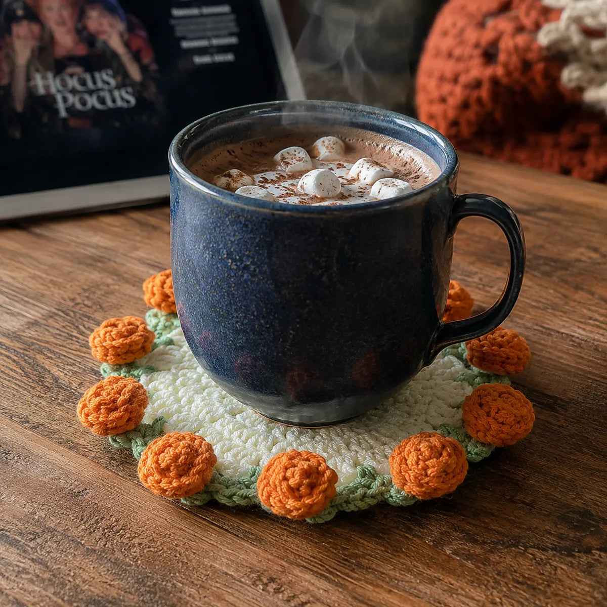 Crochet Marigold Coaster — Handmade Fall Flower Mug Rug That Folds Into a Bouquet, Autumn Decor