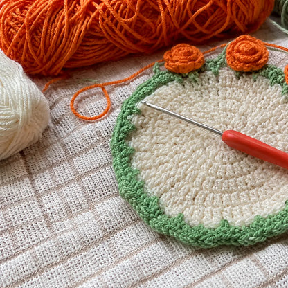 Crochet Marigold Coaster — Handmade Fall Flower Mug Rug That Folds Into a Bouquet, Autumn Decor