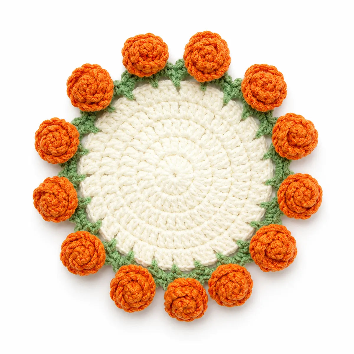 Crochet Marigold Coaster — Handmade Fall Flower Mug Rug That Folds Into a Bouquet, Autumn Decor