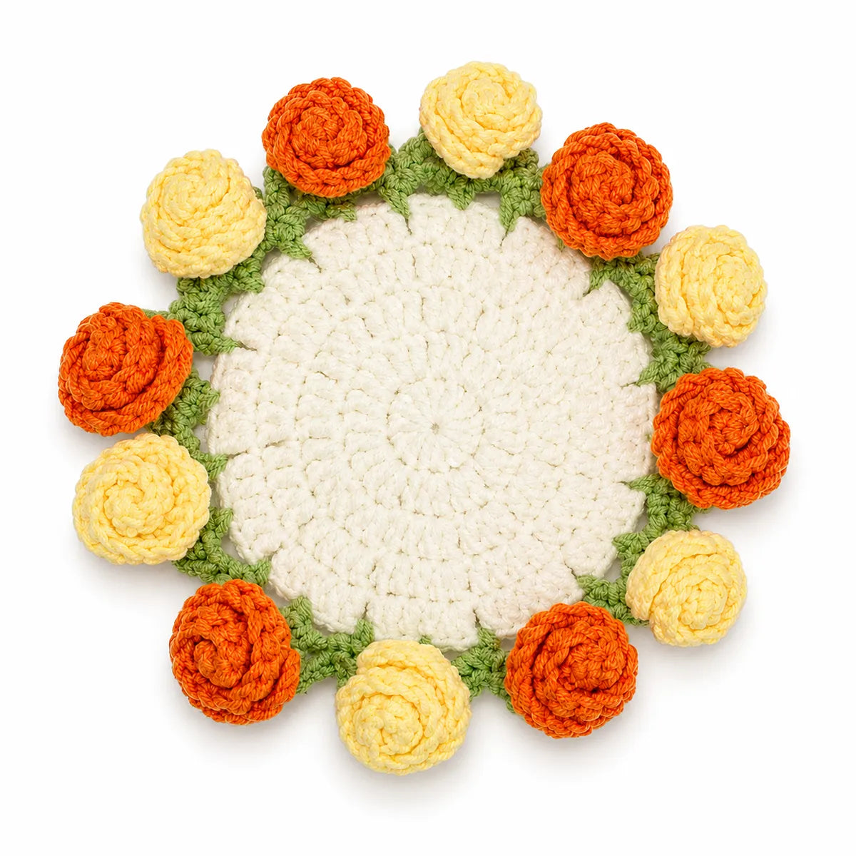 Crochet Marigold Coaster — Handmade Fall Flower Mug Rug That Folds Into a Bouquet, Autumn Decor