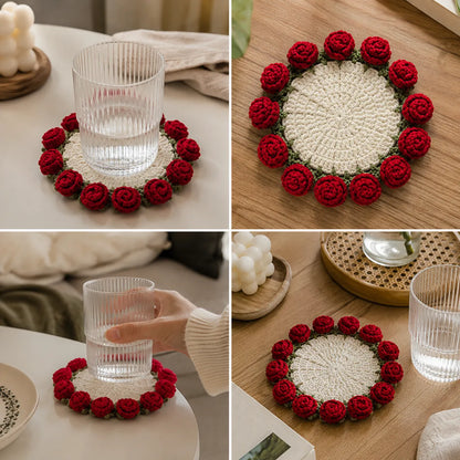 Crochet Rose Coaster That Folds Into a Bouquet — Handmade Flower Mug Rug, Gift for Her