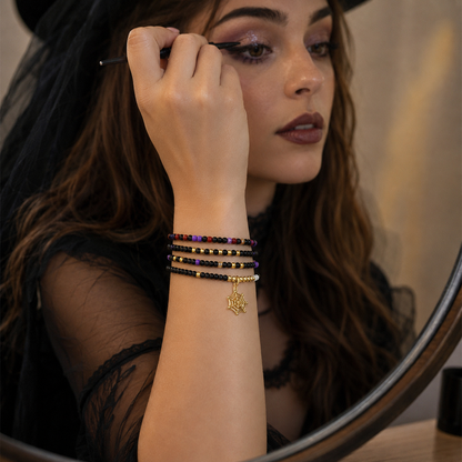 Halloween Spider Web Seed Bead Bracelet Set of 4, Black Beaded Stretch Stack, Gold Spider Charm, Purple Gothic Layering Bracelets