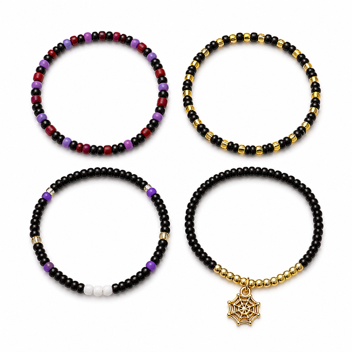 Halloween Spider Web Seed Bead Bracelet Set of 4, Black Beaded Stretch Stack, Gold Spider Charm, Purple Gothic Layering Bracelets