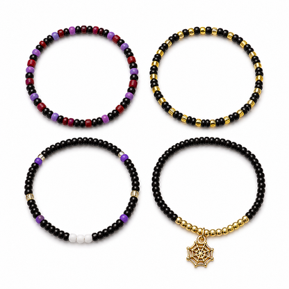 Halloween Spider Web Seed Bead Bracelet Set of 4, Black Beaded Stretch Stack, Gold Spider Charm, Purple Gothic Layering Bracelets