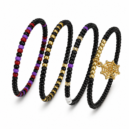 Halloween Spider Web Seed Bead Bracelet Set of 4, Black Beaded Stretch Stack, Gold Spider Charm, Purple Gothic Layering Bracelets