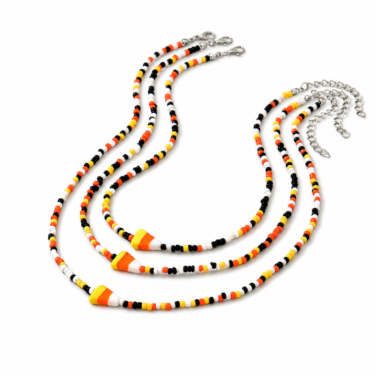 Candy Corn Seed Bead Necklace Set, Halloween Layered Triple-Strand Choker, Handmade Glass Beaded Statement Necklace
