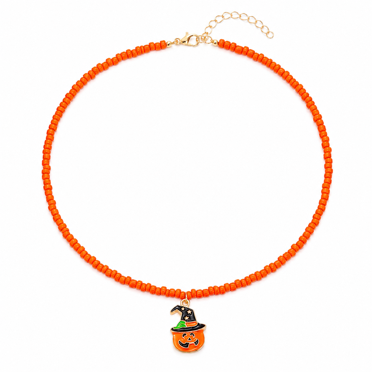 Halloween Charm Necklace, Pumpkin or Ghost Enamel Pendant on Glass Seed Beads, Handmade Spooky Season Jewelry