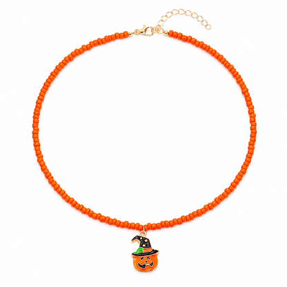 Halloween Charm Necklace, Pumpkin or Ghost Enamel Pendant on Glass Seed Beads, Handmade Spooky Season Jewelry