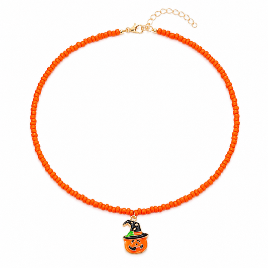 Halloween Charm Necklace, Pumpkin or Ghost Enamel Pendant on Glass Seed Beads, Handmade Spooky Season Jewelry